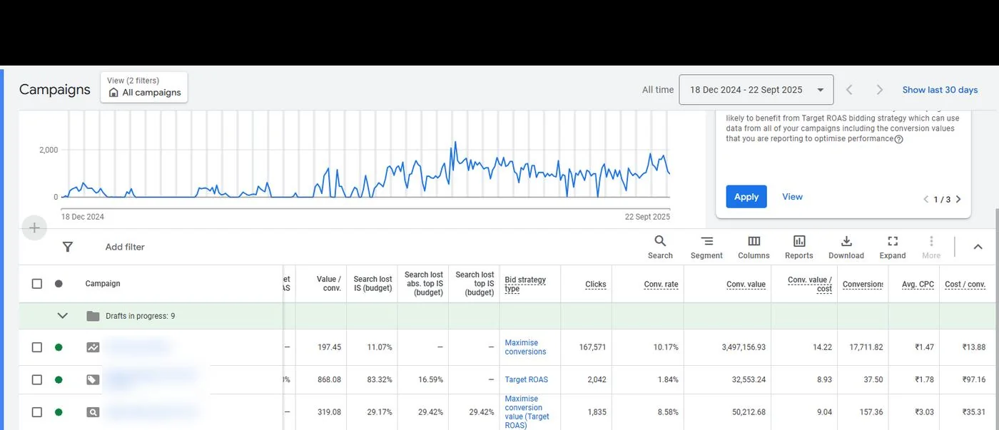 Google Ads campaign breakdown for PartsBaba